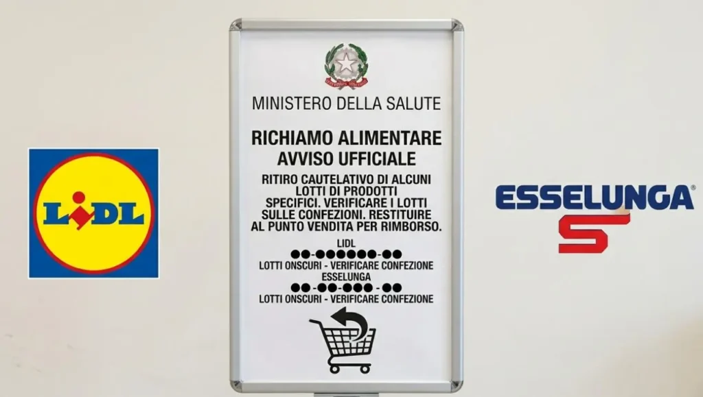 Documento ufficiale del Ministero della Salute intitolato Richiamo Alimentare Avviso Ufficiale, con i loghi di Lidl ed Esselunga ai lati e i dati sensibili dei lotti oscurati.