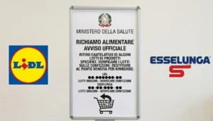 nota-ministero-salute-richiamo-esselunga-lidl (1) Documento ufficiale del Ministero della Salute intitolato Richiamo Alimentare Avviso Ufficiale, con i loghi di Lidl ed Esselunga ai lati e i dati sensibili dei lotti oscurati.