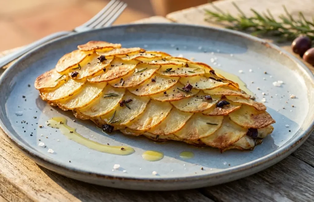 Filetto di orata al forno in crosta di patate croccanti disposte a scaglie di pesce, guarnito con olive taggiasche e rosmarino, servito su un piatto rustico azzurro.