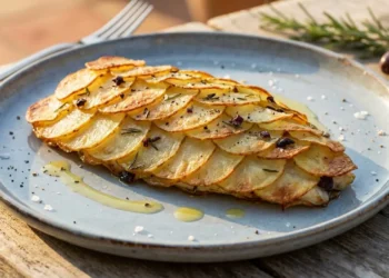 Filetto di orata al forno in crosta di patate croccanti disposte a scaglie di pesce, guarnito con olive taggiasche e rosmarino, servito su un piatto rustico azzurro.