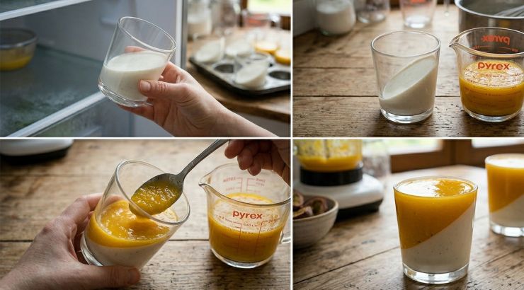 Riprendete i bicchieri dal frigo, che ora conterranno la panna cotta al cocco perfettamente solida e obliqua. Riportateli in posizione verticale sul piano di lavoro, versate la gelé tropicale al mango nello spazio vuoto rimasto, coprendo la sezione obliqua fino a livellare il dolce. Riponete in frigorifero in posizione verticale per un’altra ora prima di servire ed ora gustatevi il vostro dessert elegante e goloso!