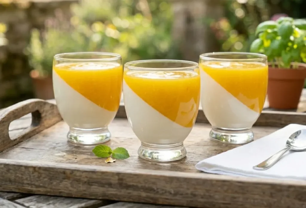 panna-cotta-cocco-mango-bicchiere Tre bicchieri di panna cotta al cocco e mango con taglio diagonale, disposti su un vassoio di legno sopra un tavolo da giardino soleggiato.