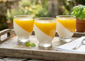 Tre bicchieri di panna cotta al cocco e mango con taglio diagonale, disposti su un vassoio di legno sopra un tavolo da giardino soleggiato.