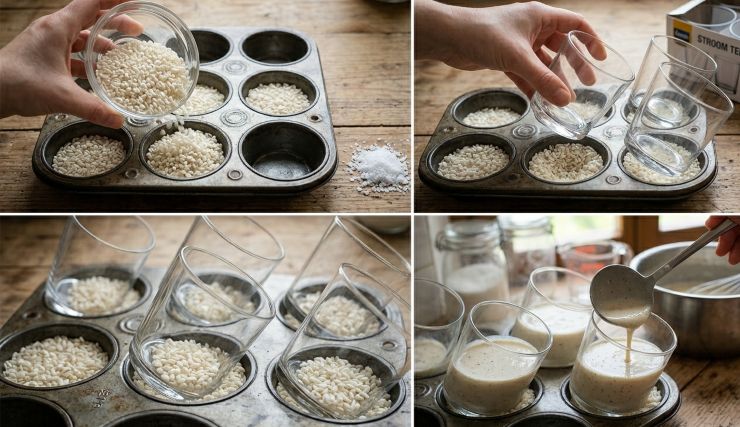 Preparate la struttura di supporto: riempite gli incavi di una teglia da muffin con del riso crudo o del sale grosso. Adagiatevi sopra i bicchieri di vetro (rigorosamente a temperatura ambiente) inclinandoli a circa 45 gradi. Versate delicatamente la panna cotta al cocco intiepidita lungo la parete inferiore del bicchiere, arrivando appena sotto il bordo. Trasferite l’intera teglia in frigorifero con estrema delicatezza e lasciate rassodare in posizione inclinata per almeno 2 ore.