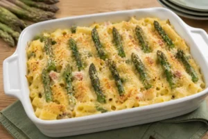 Pasta al forno con asparagi e prosciutto pronta da servire Pasta al forno gratinata con asparagi, prosciutto cotto e besciamella, decorata con punte di asparago e servita direttamente nella teglia dopo la cottura.