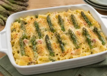 Pasta al forno gratinata con asparagi, prosciutto cotto e besciamella, decorata con punte di asparago e servita direttamente nella teglia dopo la cottura.