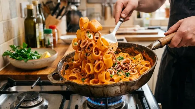 Scolate la pasta al dente direttamente nella padella con i calamari e le olive, unite la crema di peperoni gialli ed un goccio di acqua di cottura se necessario. Saltate il tutto a fuoco vivo per un minuto per legare i sapori. Impiattate completando ogni piatto con i calamari in superficie ed una spolverata di prezzemolo fresco tritato. Servite subito ben caldo e godetevi questa incredibile bontà!