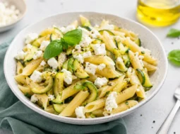 Pasta fredda con zucchine e feta Piatto di pasta fredda con penne, zucchine saltate e feta sbriciolata, ideale per un pranzo estivo leggero e fresco.