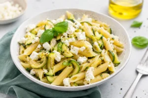 Piatto di pasta fredda con penne, zucchine saltate e feta sbriciolata, ideale per un pranzo estivo leggero e fresco.