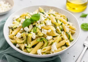 Pasta fredda con zucchine e feta Piatto di pasta fredda con penne, zucchine saltate e feta sbriciolata, ideale per un pranzo estivo leggero e fresco.