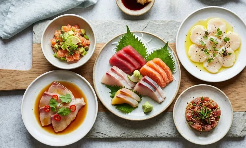 Pesce Abbattuto Crudo Ristorante Selezione di piatti a base di pesce crudo abbattuto, sashimi e tartare su un tagliere