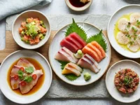 Selezione di piatti a base di pesce crudo abbattuto, sashimi e tartare su un tagliere