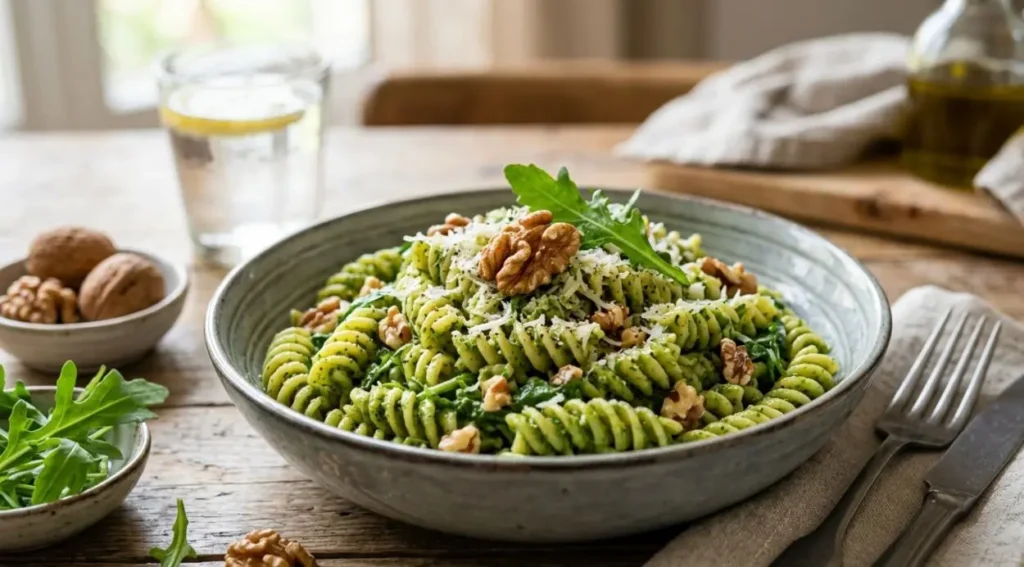 Pasta con pesto di rucola e noci Un piatto di pasta condito con pesto di rucola cremoso verde smeraldo, guarnito con gherigli di noce e parmigiano grattugiato su un tavolo in legno.