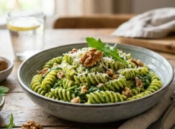 Pasta con pesto di rucola e noci Un piatto di pasta condito con pesto di rucola cremoso verde smeraldo, guarnito con gherigli di noce e parmigiano grattugiato su un tavolo in legno.