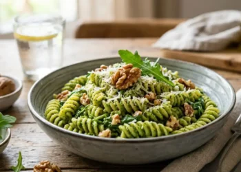 Pasta con pesto di rucola e noci Un piatto di pasta condito con pesto di rucola cremoso verde smeraldo, guarnito con gherigli di noce e parmigiano grattugiato su un tavolo in legno.