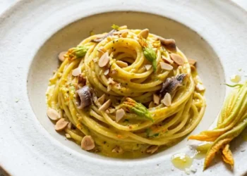 Spaghetti cremosi conditi con pesto di fiori di zucca a crudo, mandorle e alici sott'olio