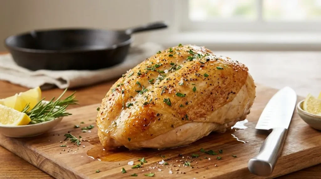 Un petto di pollo succoso e perfettamente dorato che riposa su un tagliere di legno, condito con erbe aromatiche, sale e pepe, pronto per essere servito.