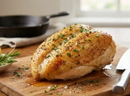 Un petto di pollo succoso e perfettamente dorato che riposa su un tagliere di legno, condito con erbe aromatiche, sale e pepe, pronto per essere servito.