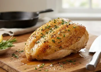 Come cucinare la carne bianca senza farla asciugare Un petto di pollo succoso e perfettamente dorato che riposa su un tagliere di legno, condito con erbe aromatiche, sale e pepe, pronto per essere servito.