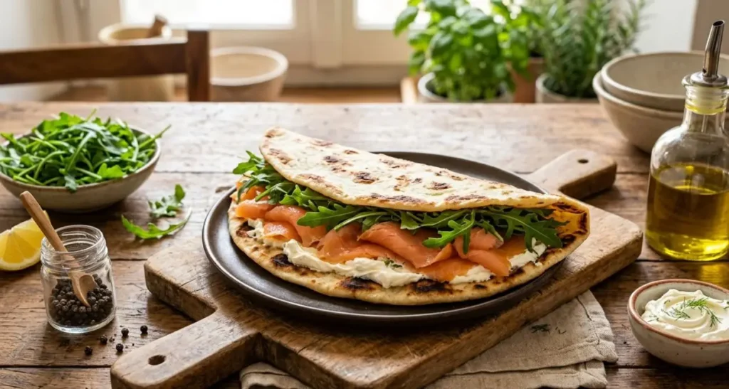 Piadina salmone e formaggio fresco Piadina con salmone affumicato, formaggio fresco spalmabile e rucola su un tagliere di legno rustico.