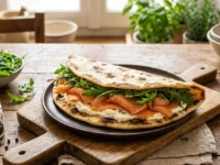 Piadina con salmone affumicato, formaggio fresco spalmabile e rucola su un tagliere di legno rustico.
