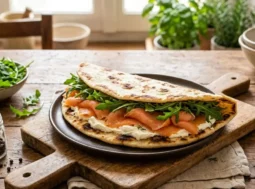 Piadina salmone e formaggio fresco Piadina con salmone affumicato, formaggio fresco spalmabile e rucola su un tagliere di legno rustico.
