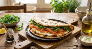 Piadina salmone e formaggio fresco Piadina con salmone affumicato, formaggio fresco spalmabile e rucola su un tagliere di legno rustico.