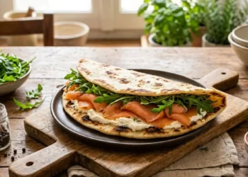 Piadina salmone e formaggio fresco Piadina con salmone affumicato, formaggio fresco spalmabile e rucola su un tagliere di legno rustico.