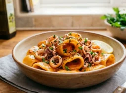 Un piatto di pasta calamarata condita con crema di peperoni rossi, anelli di calamari, prezzemolo fresco e uno spicchio di limone