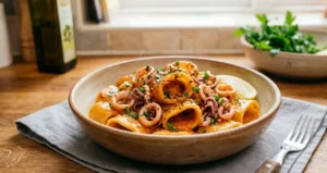 Un piatto di pasta calamarata condita con crema di peperoni rossi, anelli di calamari, prezzemolo fresco e uno spicchio di limone