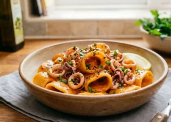 Un piatto di pasta calamarata condita con crema di peperoni rossi, anelli di calamari, prezzemolo fresco e uno spicchio di limone