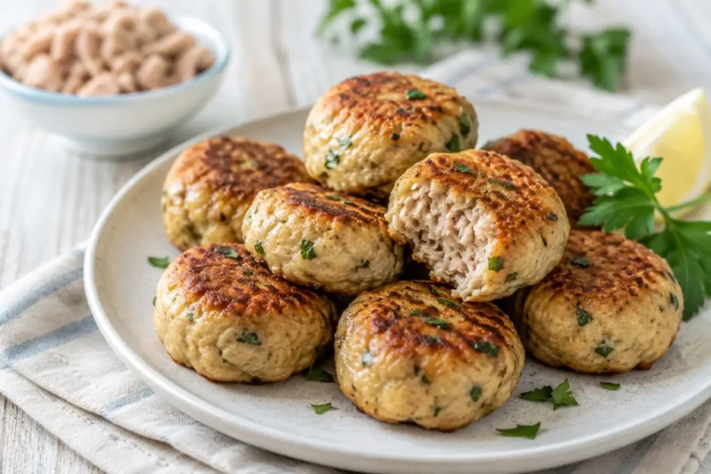 Polpette di Tonno Morbide e Gustose – Ricetta Facile e Veloce Polpette di tonno morbide e dorate servite su un piatto con prezzemolo fresco e spicchi di limone.