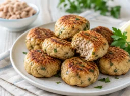 Polpette di Tonno Morbide e Gustose – Ricetta Facile e Veloce Polpette di tonno morbide e dorate servite su un piatto con prezzemolo fresco e spicchi di limone.