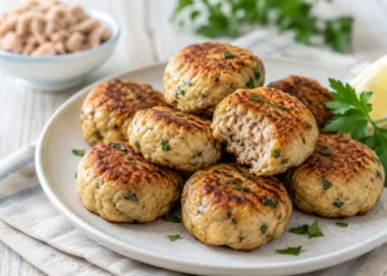 Polpette di tonno morbide e dorate servite su un piatto con prezzemolo fresco e spicchi di limone.