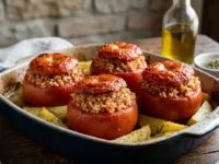 Una teglia di pomodori ripieni di riso al forno alla romana con contorno di patate a spicchi dorate, serviti in modo tradizionale.