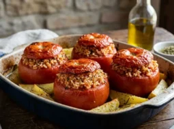 Una teglia di pomodori ripieni di riso al forno alla romana con contorno di patate a spicchi dorate, serviti in modo tradizionale.