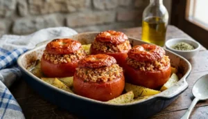 Pomodori ripieni di riso al forno con patate – Ricetta tipica romana Una teglia di pomodori ripieni di riso al forno alla romana con contorno di patate a spicchi dorate, serviti in modo tradizionale.