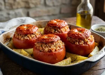 Una teglia di pomodori ripieni di riso al forno alla romana con contorno di patate a spicchi dorate, serviti in modo tradizionale.