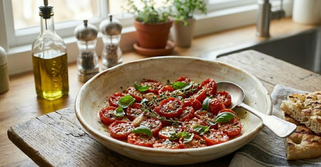 Pomodorini cotti al forno pronti da servire Pomodorini arrostiti al forno ben caramellati, disposti su una teglia foderata di carta forno e pronti per essere serviti, con una cucina luminosa sullo sfondo.