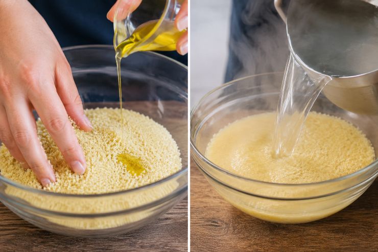 Versate il cous cous crudo in una ciotola capiente, aggiungete un cucchiaio di olio extra vergine d’oliva e strofinate i chicchi con le mani in modo che si ungano uniformemente. Portate ad ebollizione l’acqua salata (o il brodo) e versatela sopra il cous cous. Coprite immediatamente con un coperchio e lasciate riposare per 5 minuti. Fatto ciò togliete il coperchio e, utilizzando una forchetta, sgranate il cous cous con movimenti rapidi dal basso verso l’alto fino a separare tutti i chicchi. Lasciate raffreddare a temperatura ambiente.