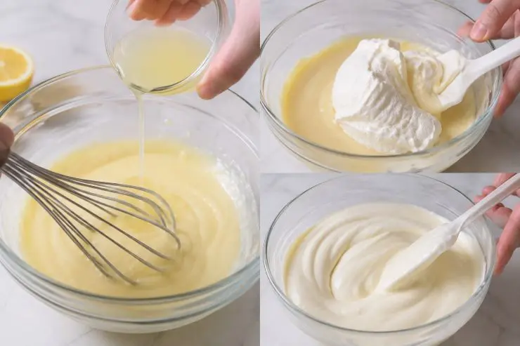 Versate il succo di limone filtrato a filo sul latte condensato, mescolando rapidamente con una frusta a mano. A questo punto, incorporate la panna montata poco alla volta, effettuando movimenti delicati dal basso verso l’alto con una spatola per non smontare l’aria incorporata, fino ad ottenere una crema liscia e vellutata. Preparate la base alla frutta: lavate le fragole, eliminate il picciolo e tagliatele a cubetti piccolissimi.
