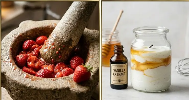 Lavate le fragole, eliminate il picciolo e tagliatele a cubetti piccolissimi. Se preferite una consistenza più omogenea, schiacciatele semplicemente con la forchetta fino a ridurle in purea grossolana. Prendete un barattolo di vetro grande (da circa 1 litro) con chiusura ermetica. Versate all’interno la panna fresca liquida ben fredda, lo yogurt greco, il miele e l’estratto di vaniglia. Chiudete il coperchio in modo stabile.