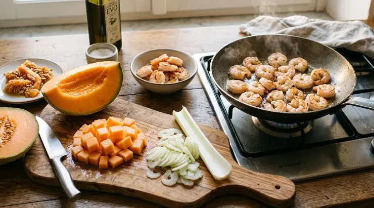 Fatto ciò scottate i gamberetti sgusciati in una padella con un solo filo d’olio evo per non più di un minuto. Lasciateli raffreddare, intanto prendete il melone, eliminate i semi e taglia la polpa a cubetti piccoli e regolari. Tagliate invece a rondelle sottilissime la costa di sedano bianco. In un’insalatiera capiente unite il riso, i gamberetti, i cubetti di melone ed il sedano. Condite con olio extravergine d’oliva, l’erba cipollina e la scorza grattugiata del limone. Mescolate e servite subito nei piatti o conservate in frigorifero fino al momento di gustarlo!