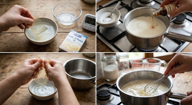 Ammollate i primi 6g di colla di pesce in una ciotola con acqua fredda per 10 minuti. In un pentolino, unite la panna fresca, il latte di cocco, 45g di zucchero e l’estratto di vaniglia. Scaldate a fiamma bassa fino a sfiorare il bollore, poi spegnete il fuoco. Strizzate la gelatina e scioglietela nel liquido caldo, mescolando bene con una frusta. Lasciate intiepidire il composto a temperatura ambiente per 15 minuti, muovendolo di tanto in tanto.