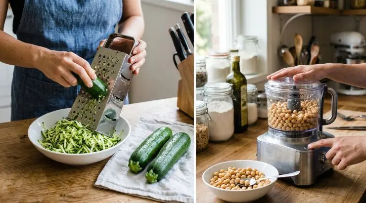 Lavate le zucchine, asciugatele bene e grattugiatele con una grattugia a fori larghi. Strizzatele con le mani all’interno di un canovaccio pulito per eliminare tutta l’acqua di vegetazione possibile: meno umidità resta, migliore sarà la tenuta del burger. Nel mixer inserite i ceci e frullateli a colpetti per non ridurli in purea: devono rimanere dei piccoli pezzi rustici.