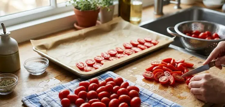 Preriscaldate il forno a 140 gradi in modalità statica. Lavate i pomodorini, asciugateli perfettamente e tagliateli a metà nel senso della lunghezza. Disponeteli su una teglia foderata di carta forno, posizionandoli tutti con la parte tagliata rivolta verso l’alto. In una tazzina, mescolate lo zucchero di canna con l’amido di mais.
