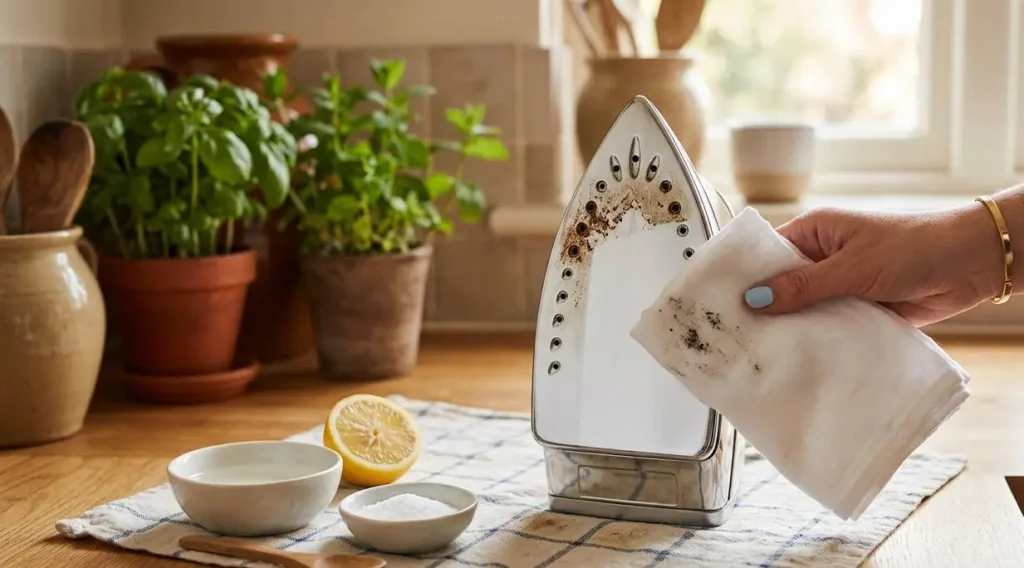 Una mano pulisce la piastra del ferro da stiro bruciata con un panno, accanto a ciotole con aceto, sale e un limone su un tavolo da cucina.