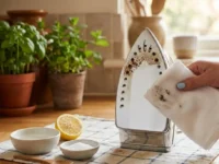 Una mano pulisce la piastra del ferro da stiro bruciata con un panno, accanto a ciotole con aceto, sale e un limone su un tavolo da cucina.