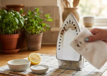 Come pulire la piastra del ferro da stiro bruciata Una mano pulisce la piastra del ferro da stiro bruciata con un panno, accanto a ciotole con aceto, sale e un limone su un tavolo da cucina.