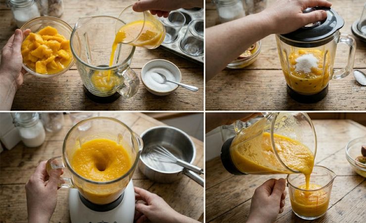 Ammollate anche i restanti 4g di colla di pesce in acqua fredda. Frullate la polpa di mango con il succo filtrato della maracuja e i 25g di zucchero rimasti fino a ottenere una purea finissima. Prelevatene due cucchiai, scaldateli in un pentolino o al microonde e scioglietevi la gelatina strizzata. Incorporate questo blocco al resto della purea fredda di frutta, mescolando rapidamente.